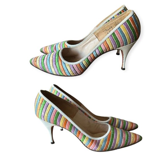 Vintage 1950s David Evins Rainbow Striped Pumps 50s 60s Heels Size 7 AAAA Narrow - Picture 13 of 13